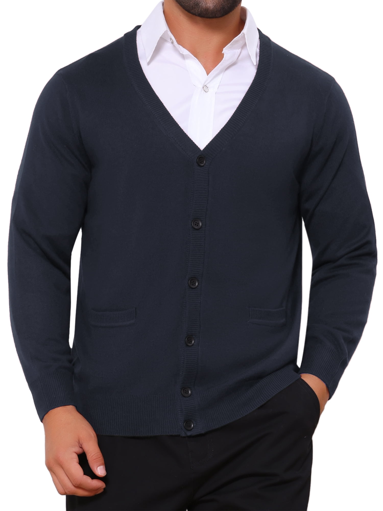 DARING DIVA Men's V Neck Long Sleeved Button Down Knit Sweater with Pockets L Navy Blue