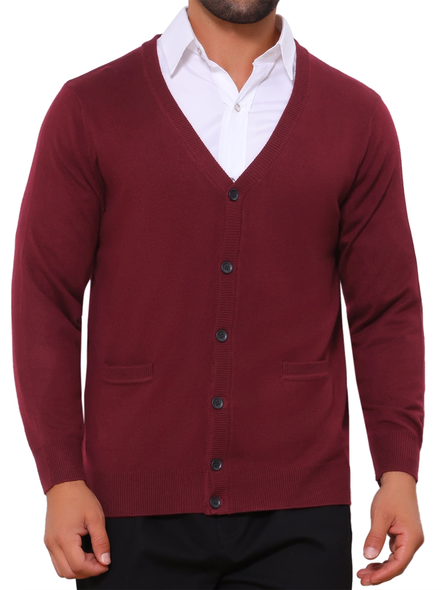 DARING DIVA Men's V Neck Long Sleeved Button Down Knit Sweater with Pockets S Burgundy