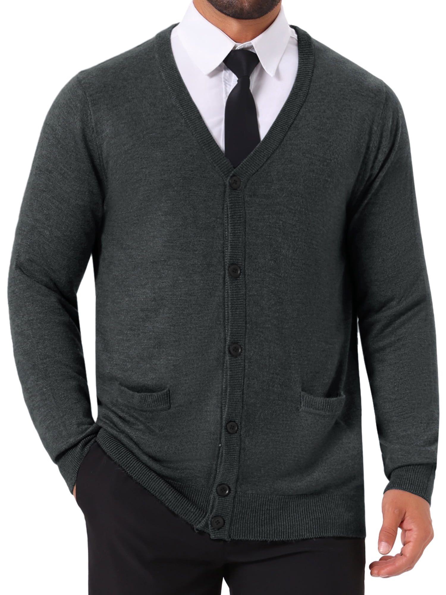 DARING DIVA Men's V Neck Long Sleeved Button Down Knit Sweater with Pockets S Dark Gray