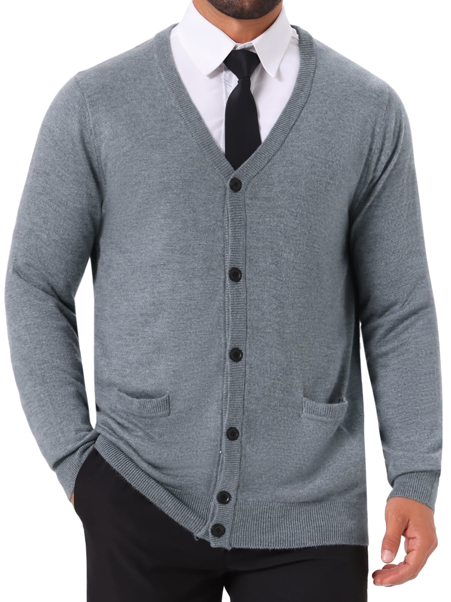 DARING DIVA Men's V Neck Long Sleeved Button Down Knit Sweater with Pockets S Light Gray