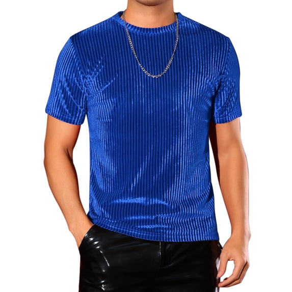 DARING DIVA Men's Velvet Crew Neck Short Sleeve Tee Tops Disco Velour T Shirts S Blue
