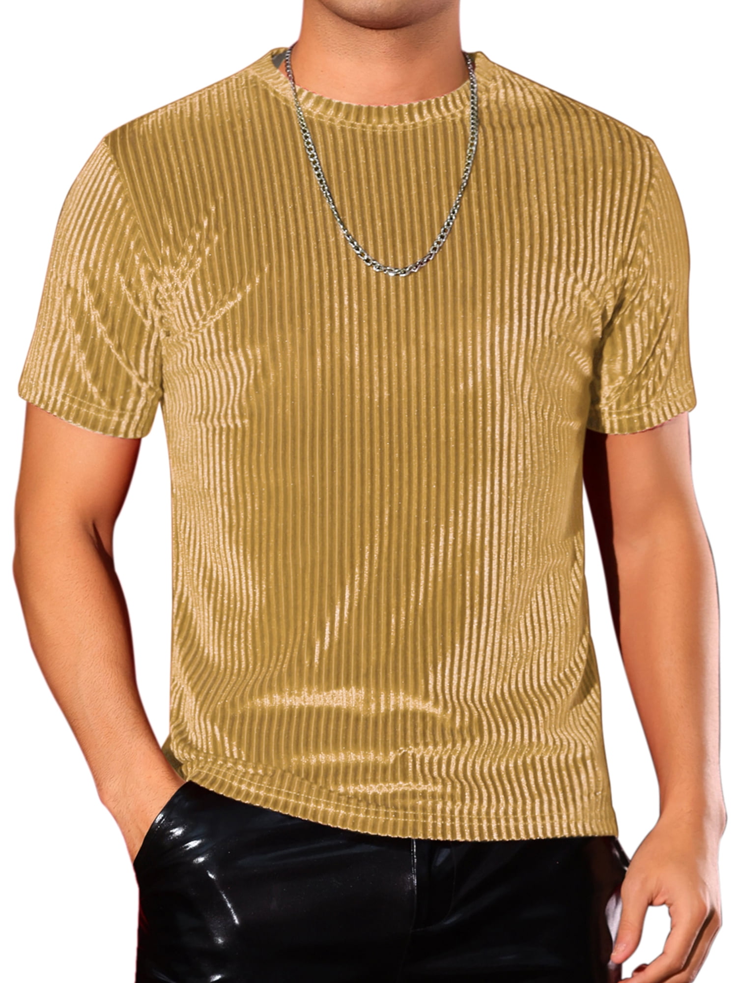 DARING DIVA Men's Velvet Crew Neck Short Sleeve Tee Tops Disco Velour T Shirts S Golden