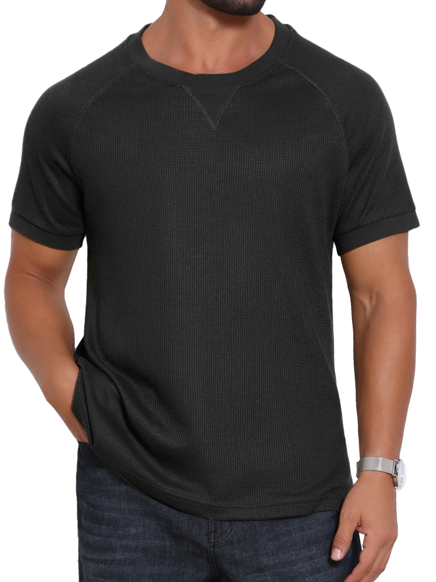 DARING DIVA Men's Waffle Fabric Classic Crew Neck Raglan Short Sleeves 2XL Black