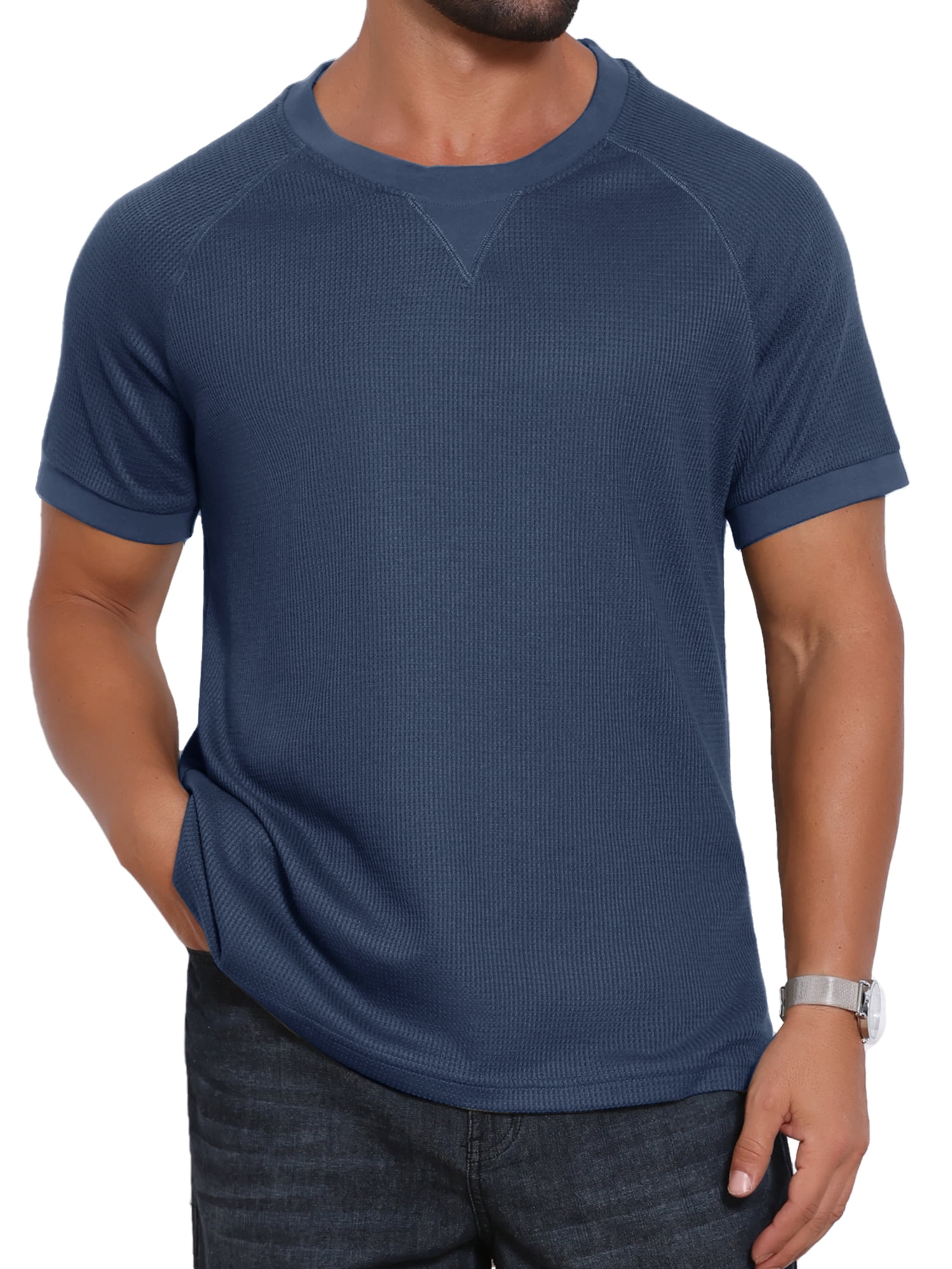 DARING DIVA Men's Waffle Fabric Classic Crew Neck Raglan Short Sleeves 2XL Navy Blue