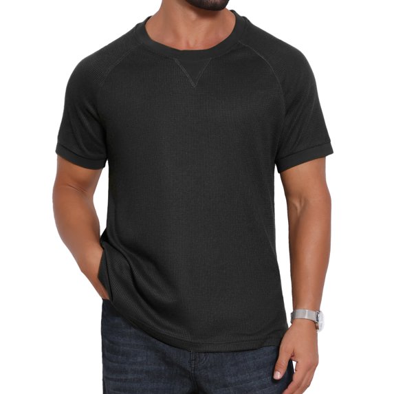 DARING DIVA Men's Waffle Fabric Classic Crew Neck Raglan Short Sleeves L Black