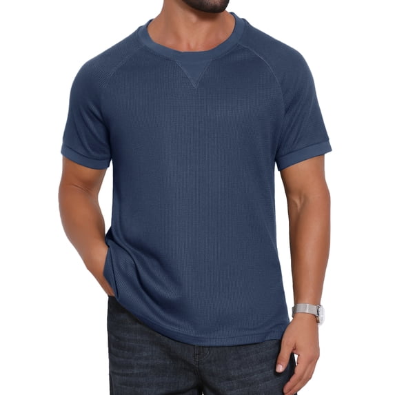 DARING DIVA Men's Waffle Fabric Classic Crew Neck Raglan Short Sleeves L Navy Blue
