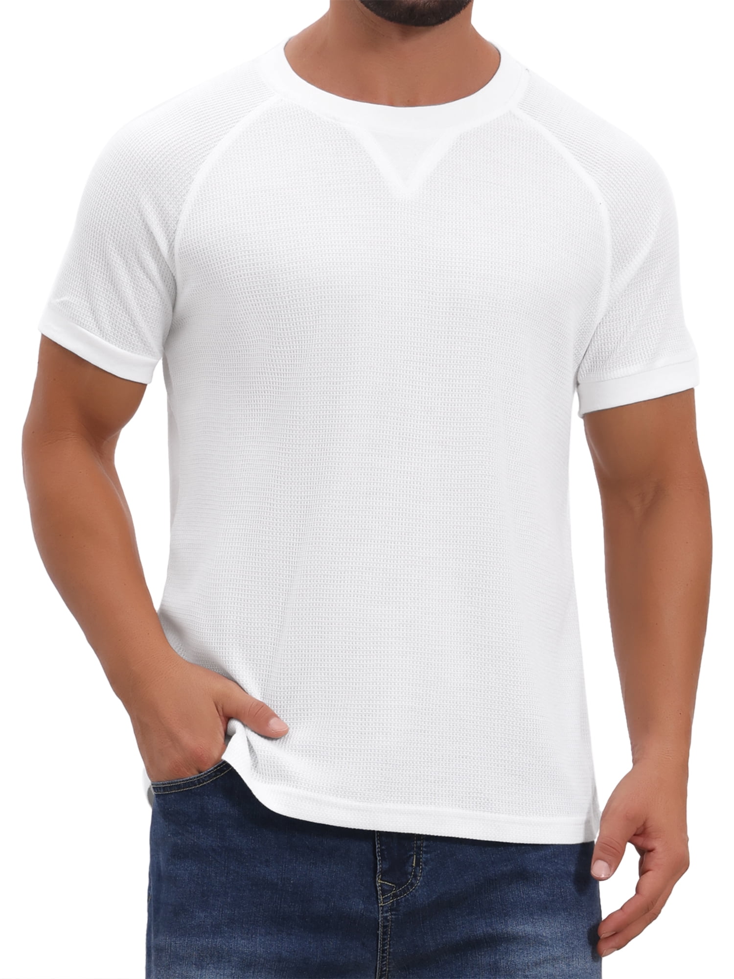DARING DIVA Men's Waffle Fabric Classic Crew Neck Raglan Short Sleeves L White