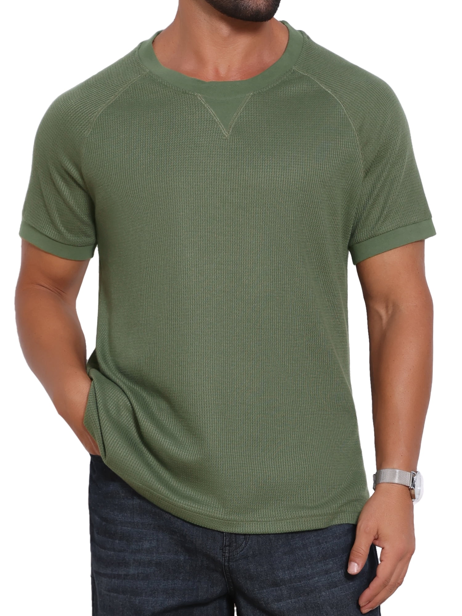 DARING DIVA Men's Waffle Fabric Classic Crew Neck Raglan Short Sleeves M Olive Green