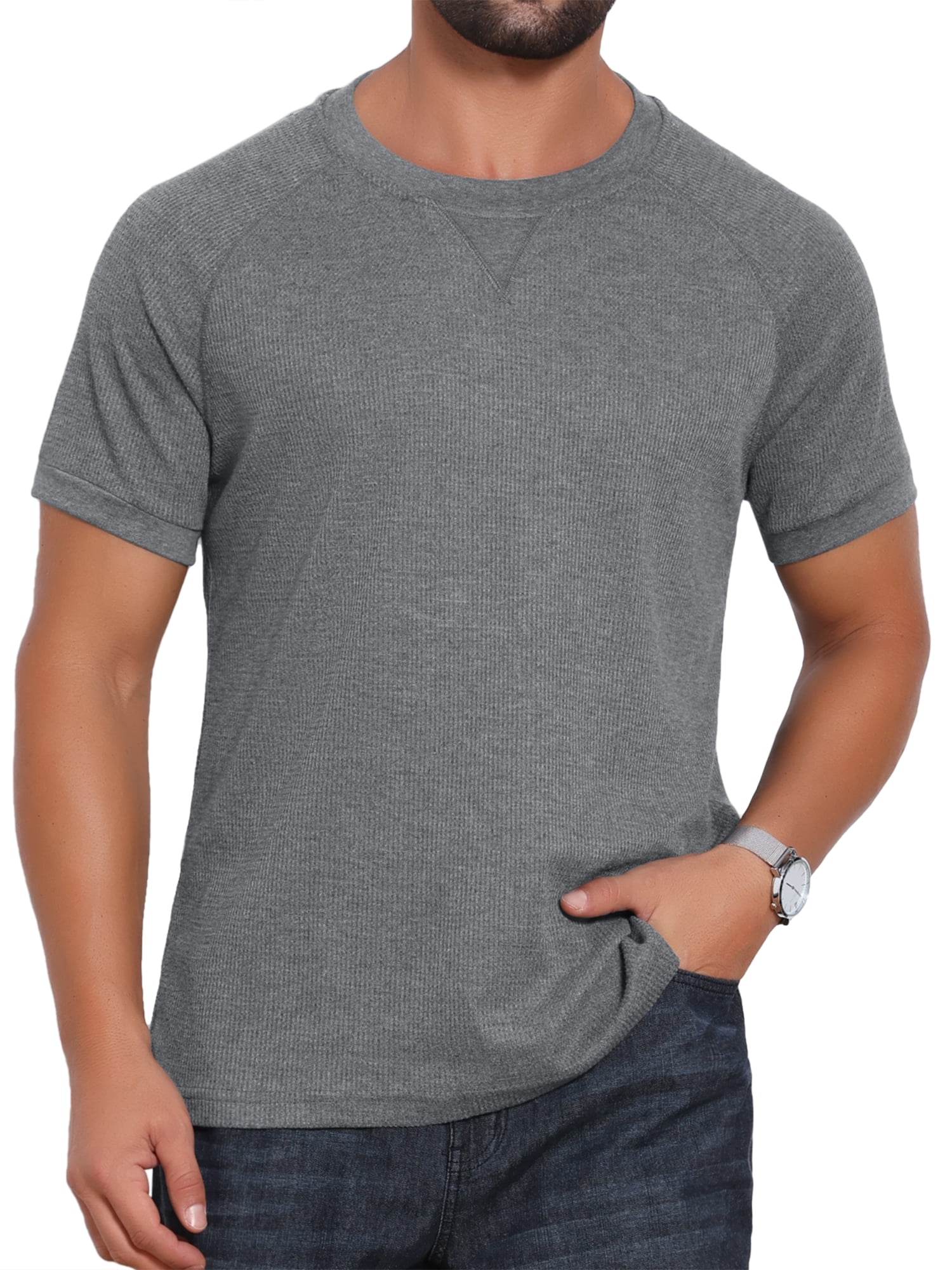 DARING DIVA Men's Waffle Fabric Classic Crew Neck Raglan Short Sleeves XL Gray