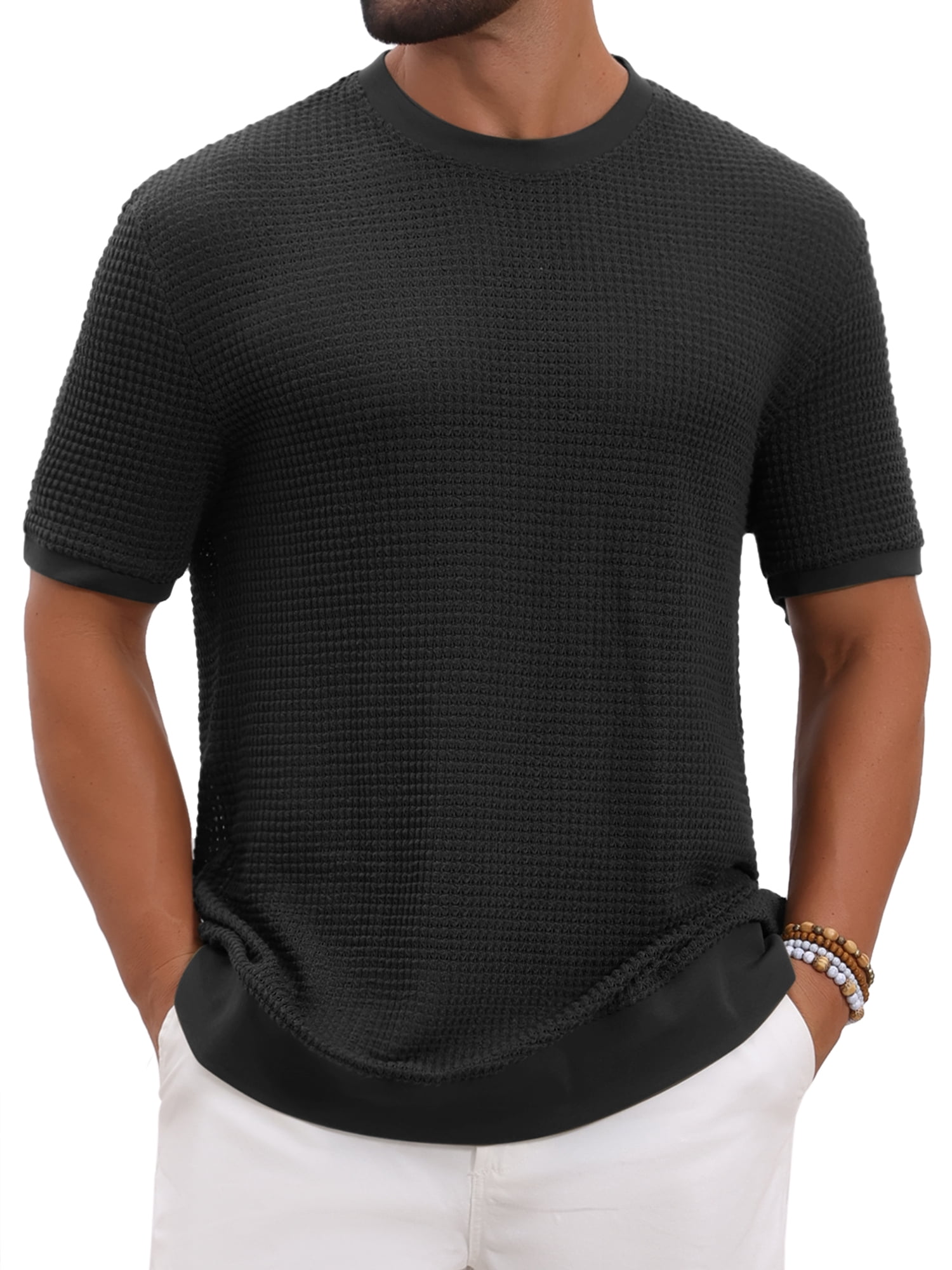 DARING DIVA Men's Waffle Short Sleeve Crew Neck Solid Knitted T-Shirt L Black