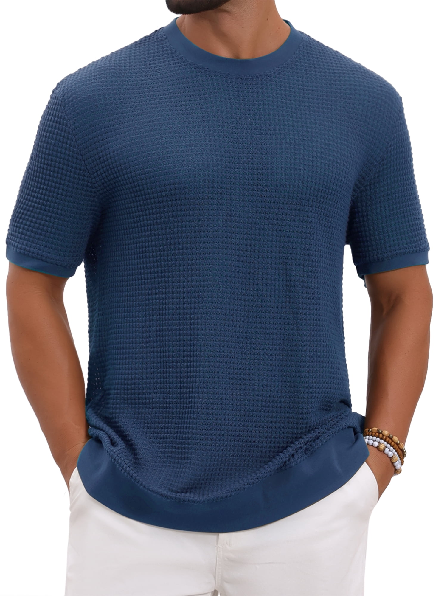 DARING DIVA Men's Waffle Short Sleeve Crew Neck Solid Knitted T-Shirt L Dark Blue