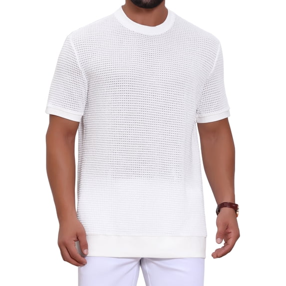 DARING DIVA Men's Waffle Short Sleeve Crew Neck Solid Knitted T-Shirt L White