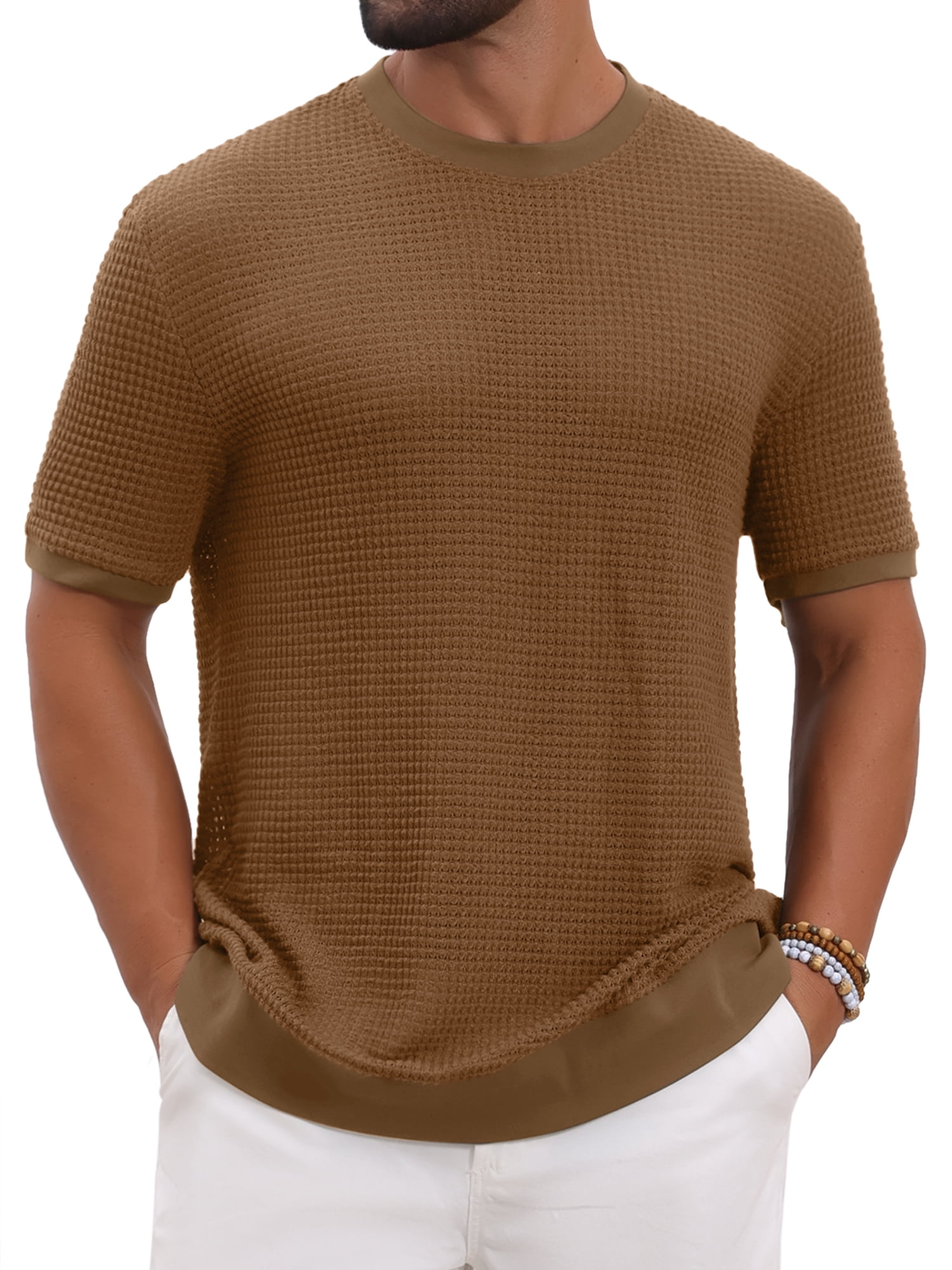 DARING DIVA Men's Waffle Short Sleeve Crew Neck Solid Knitted T-Shirt S Brown