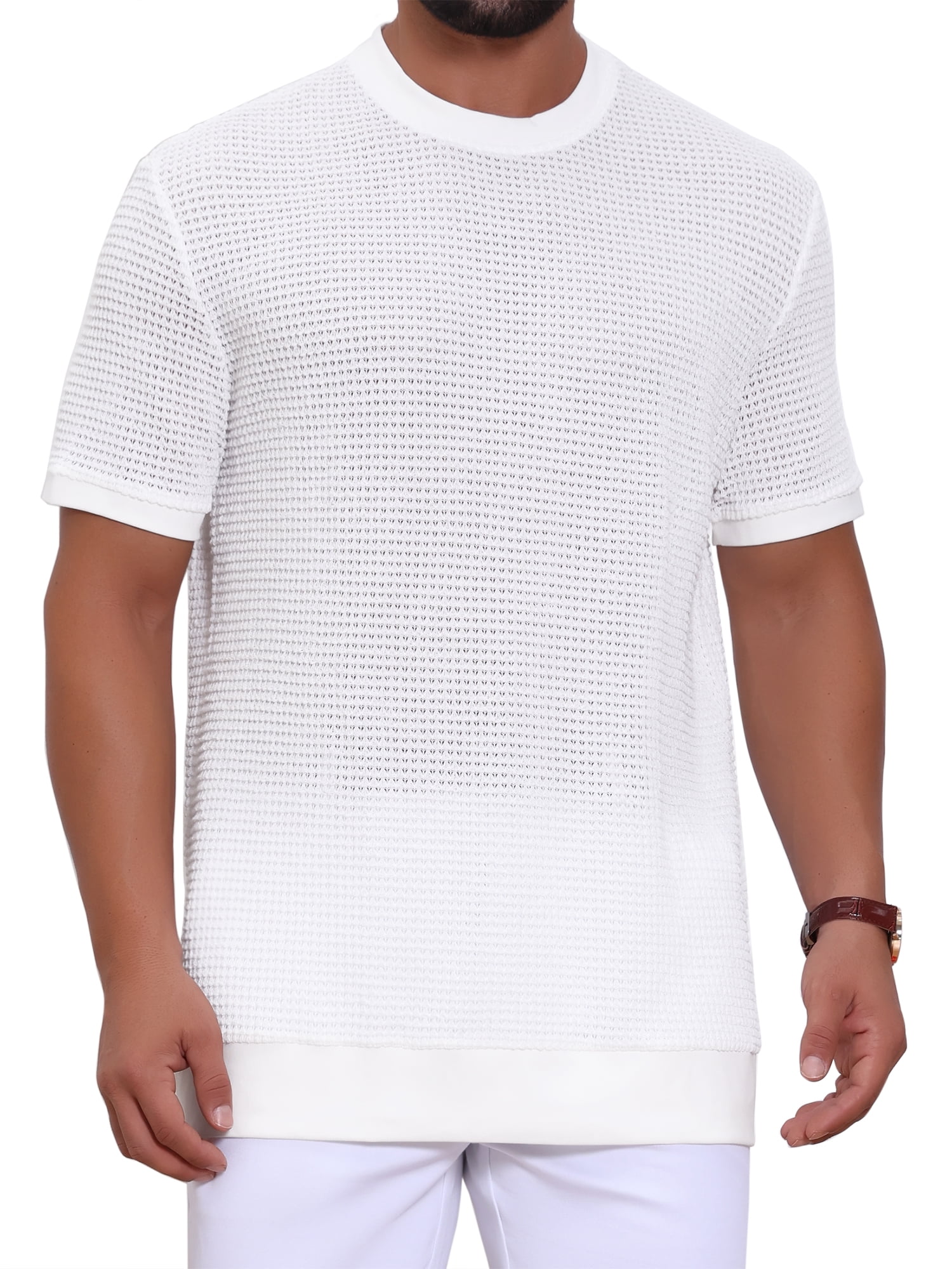 DARING DIVA Men's Waffle Short Sleeve Crew Neck Solid Knitted T-Shirt S White