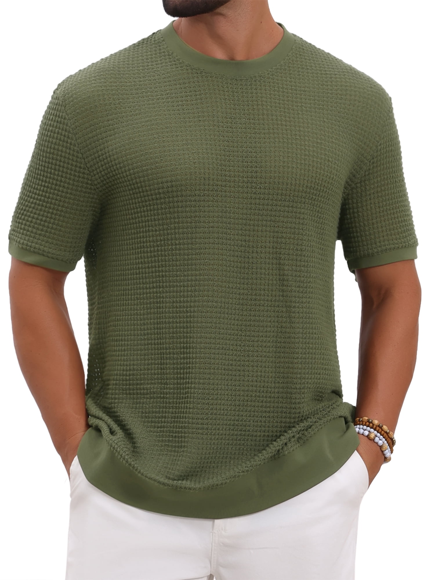 DARING DIVA Men's Waffle Short Sleeve Crew Neck Solid Knitted T-Shirt XL Olive Green