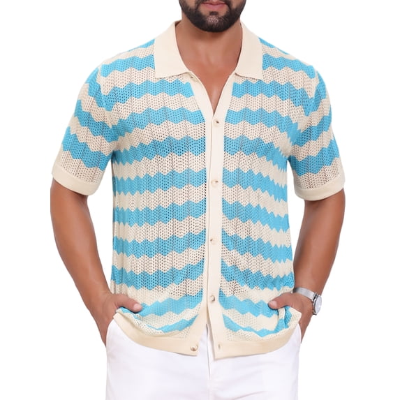 DARING DIVA Men's Wave Crochet Hollow Out Button Down Striped Shirts 2XL Blue