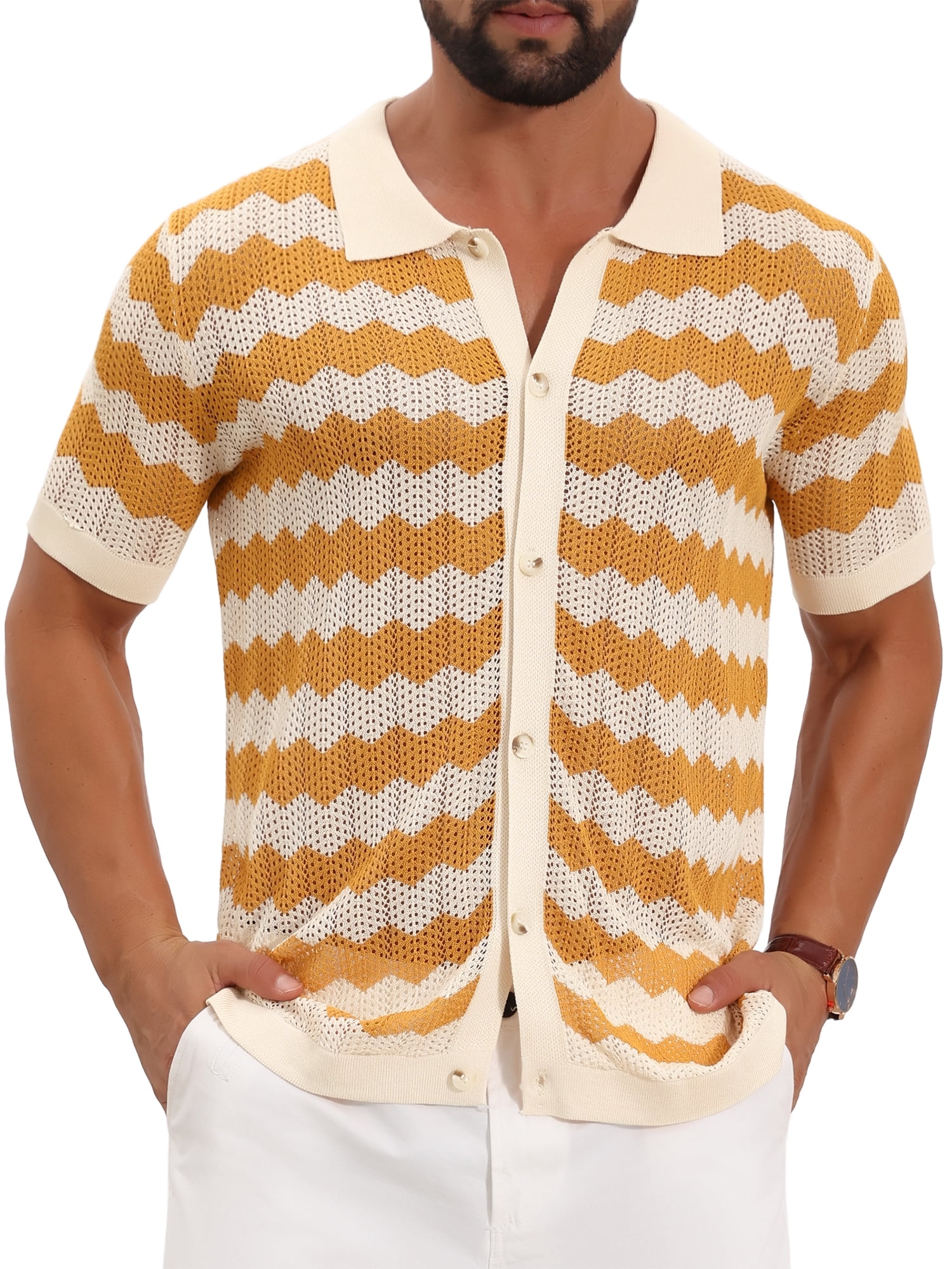 DARING DIVA Men's Wave Crochet Hollow Out Button Down Striped Shirts 2XL Yellow