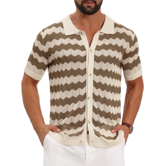 DARING DIVA Men's Wave Crochet Hollow Out Button Down Striped Shirts XL Brown