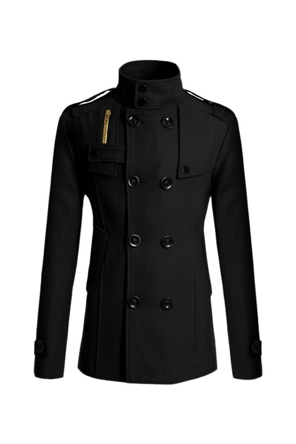 DARING DIVA Men's Winter Coat Stand Collar Double Breasted Pea Coats XL Black