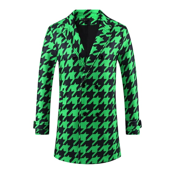 DARING DIVA Men's Winter Houndstooth Pattern Double Breasted Trench Coat 2XL Green