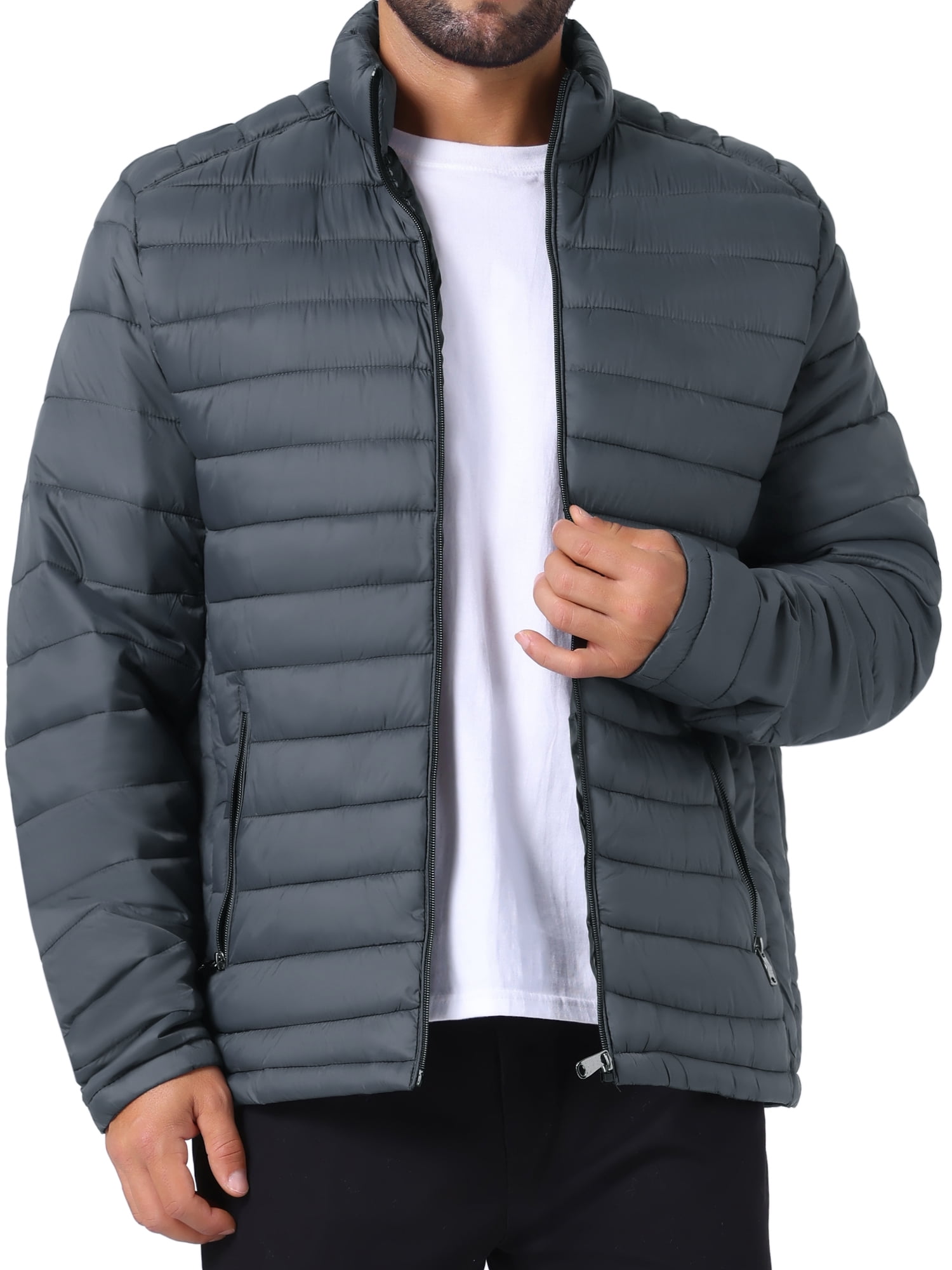 DARING DIVA Men's Winter Solid Stand Collar Zipper Quilted Puffer Jacket XL Gray