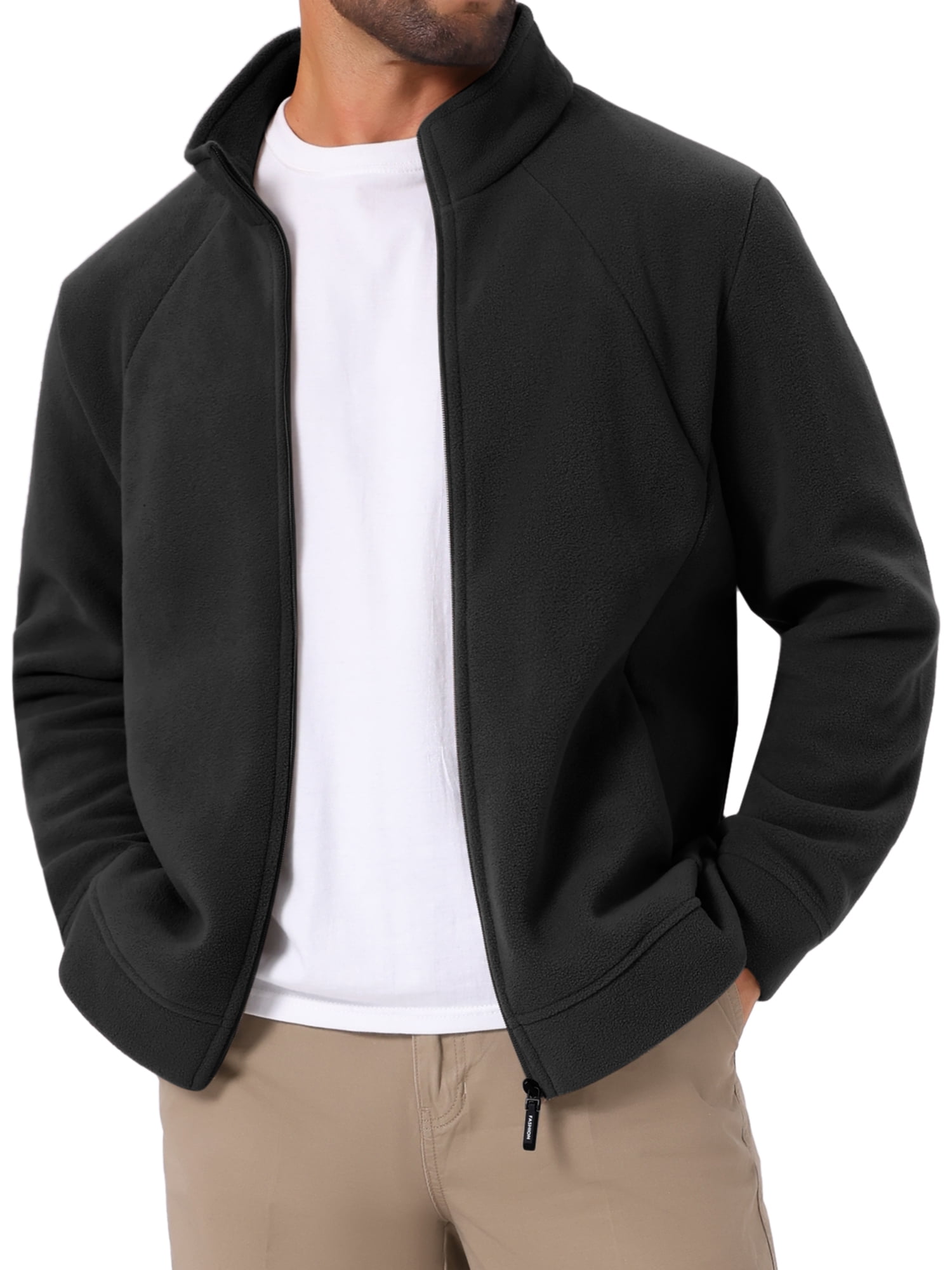 DARING DIVA Men's Winter Solid Stand Collar Zipper Soft Fleece Jacket M Black