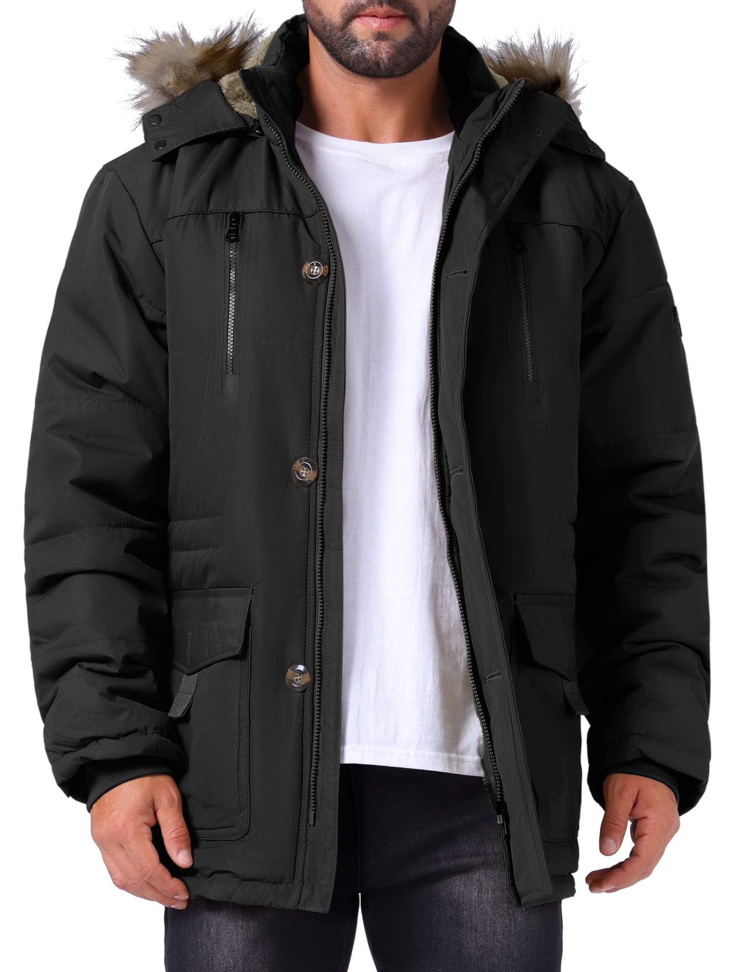 DARING DIVA Men's Winter Warm Coat Fleece Lined Thicken Hooded Parka Jacket S Black