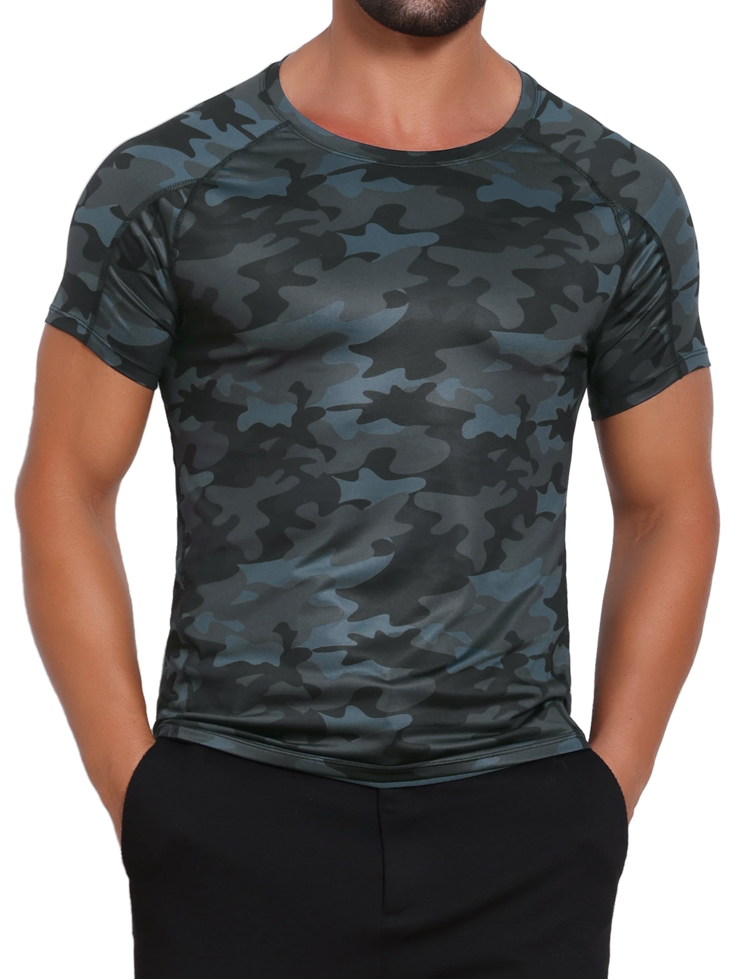 DARING DIVA Men's Workout Stretch Crew Neck Short Sleeve T-Shirt L Dark Gray