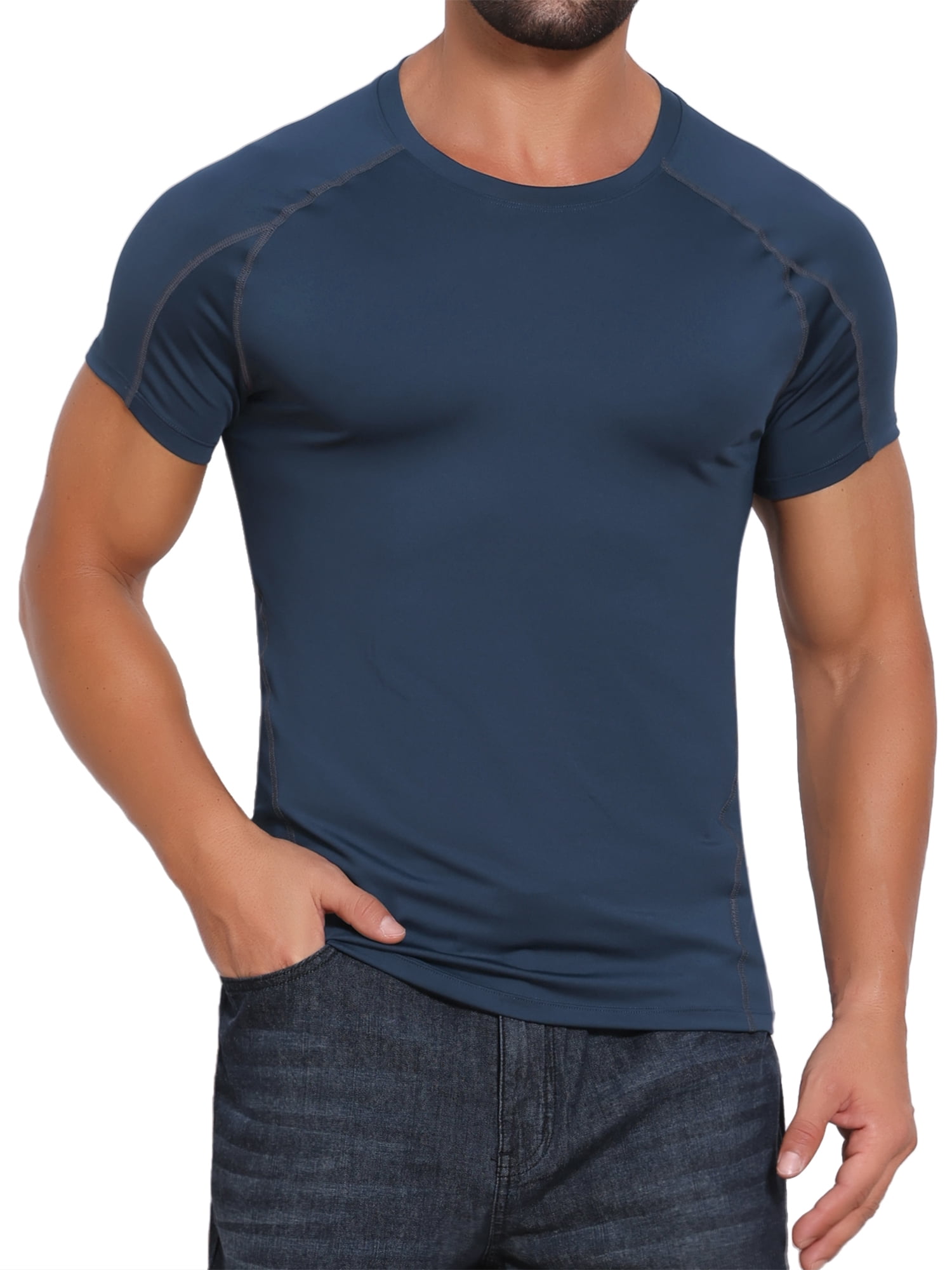 DARING DIVA Men's Workout Stretch Crew Neck Short Sleeve T-Shirt M Dark Blue