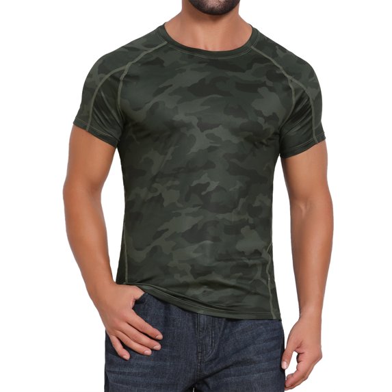 DARING DIVA Men's Workout Stretch Crew Neck Short Sleeve T-Shirt M Dark Green