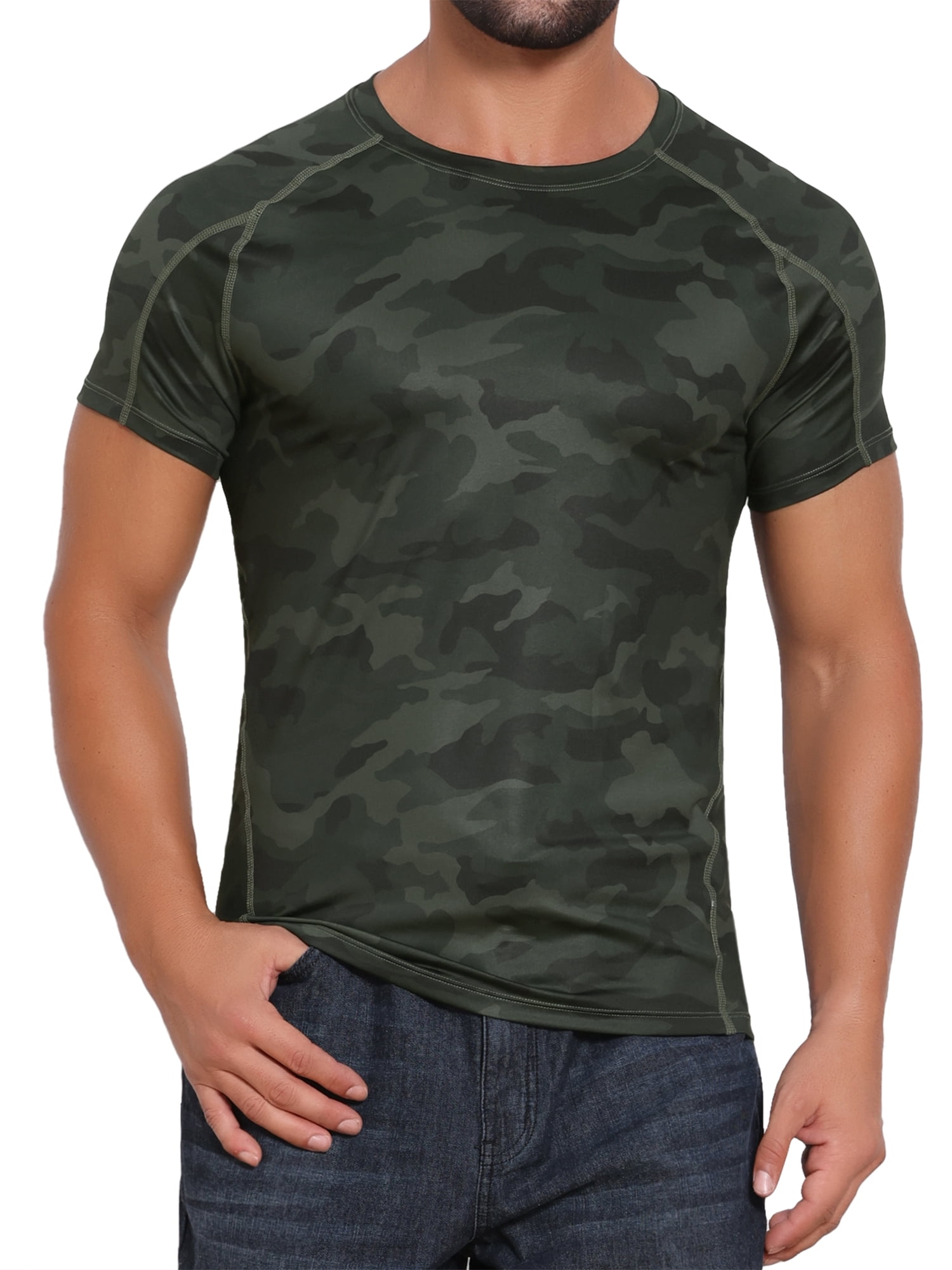 DARING DIVA Men's Workout Stretch Crew Neck Short Sleeve T-Shirt S Dark Green