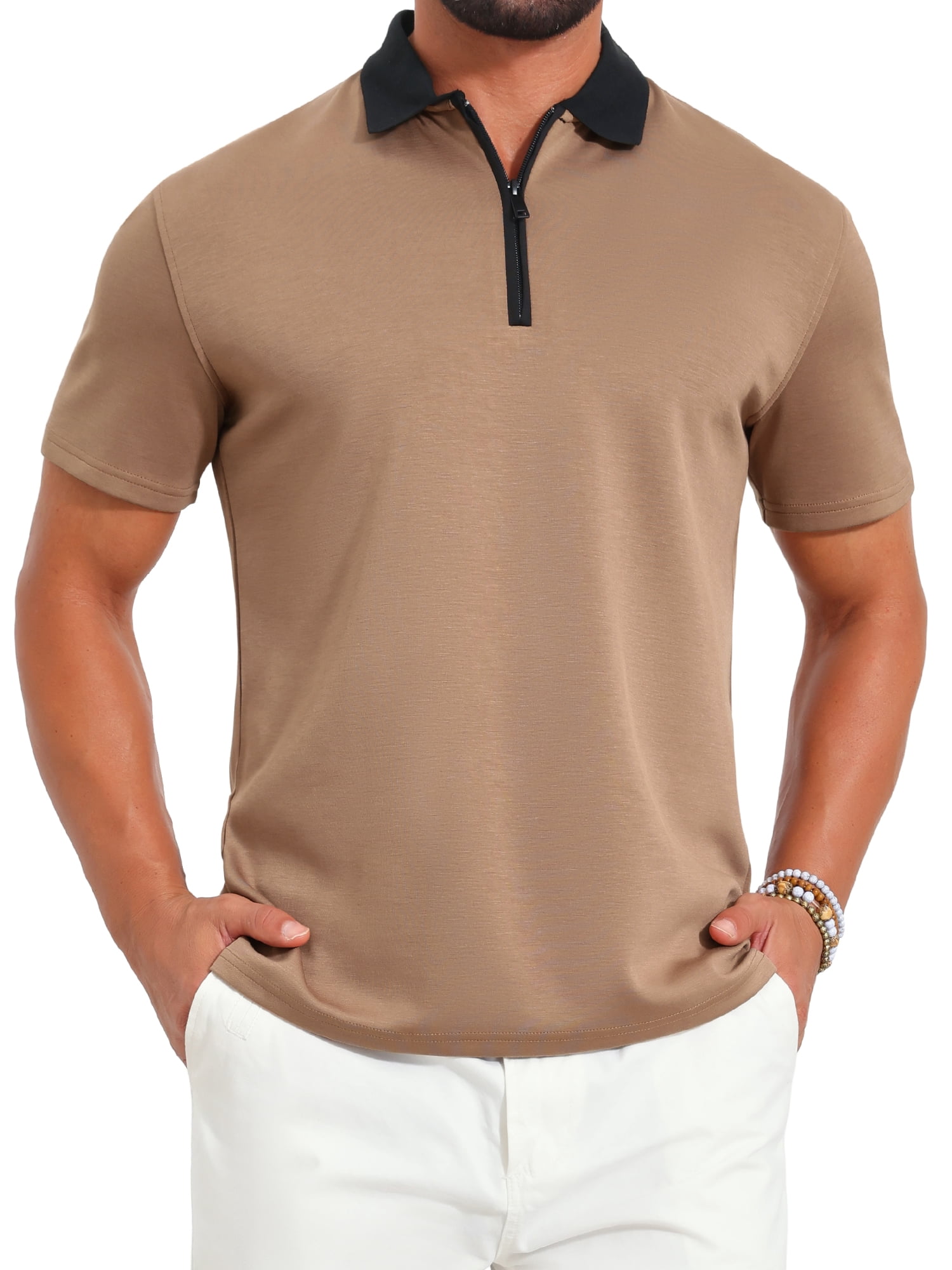 DARING DIVA Men's Zipper Closure Colorblock Short Sleeve Basic Polo Shirt 2XL Khaki