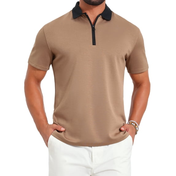 DARING DIVA Men's Zipper Closure Colorblock Short Sleeve Basic Polo Shirt 2XL Khaki