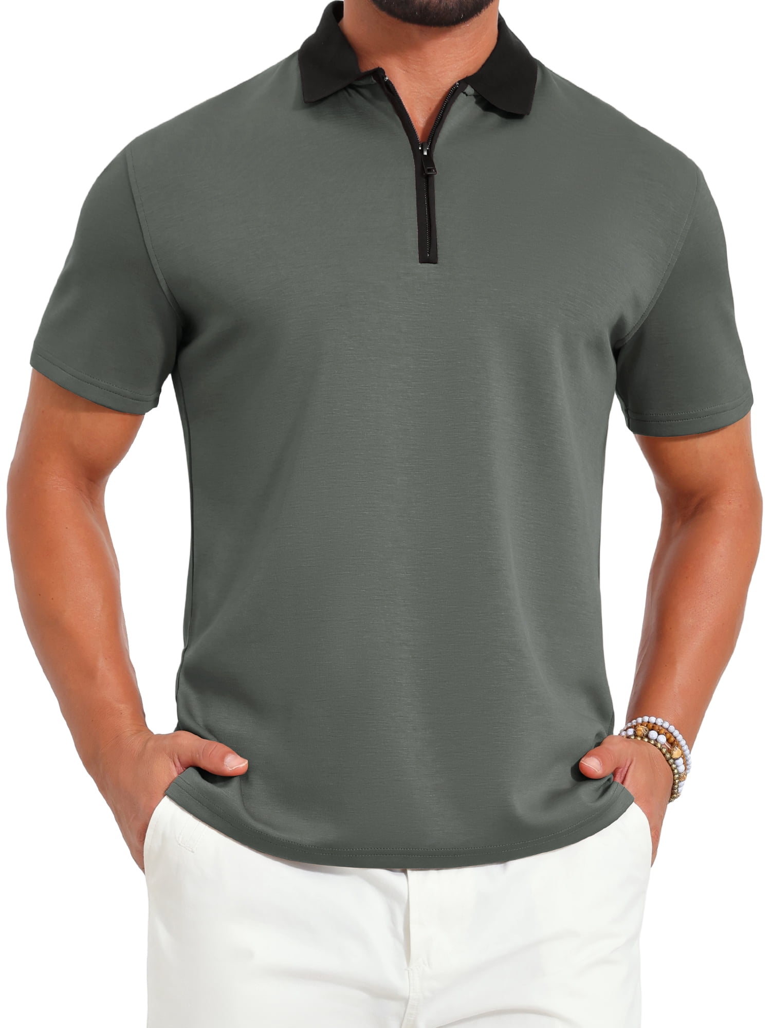 DARING DIVA Men's Zipper Closure Colorblock Short Sleeve Basic Polo Shirt M Dark Gray