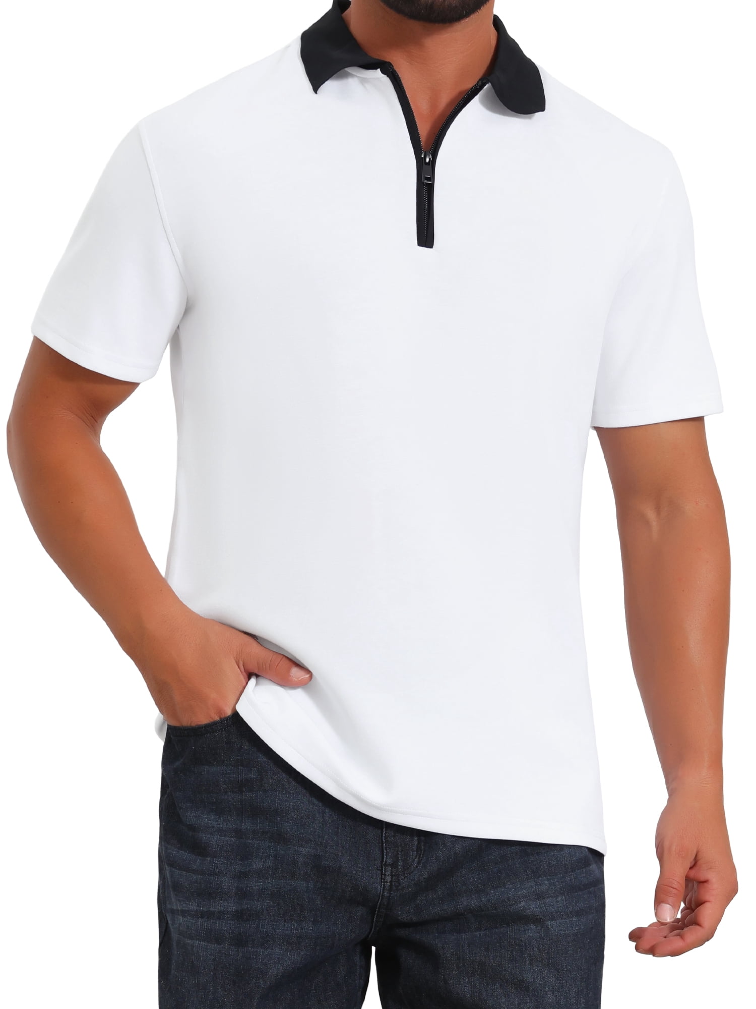 DARING DIVA Men's Zipper Closure Colorblock Short Sleeve Basic Polo Shirt M White