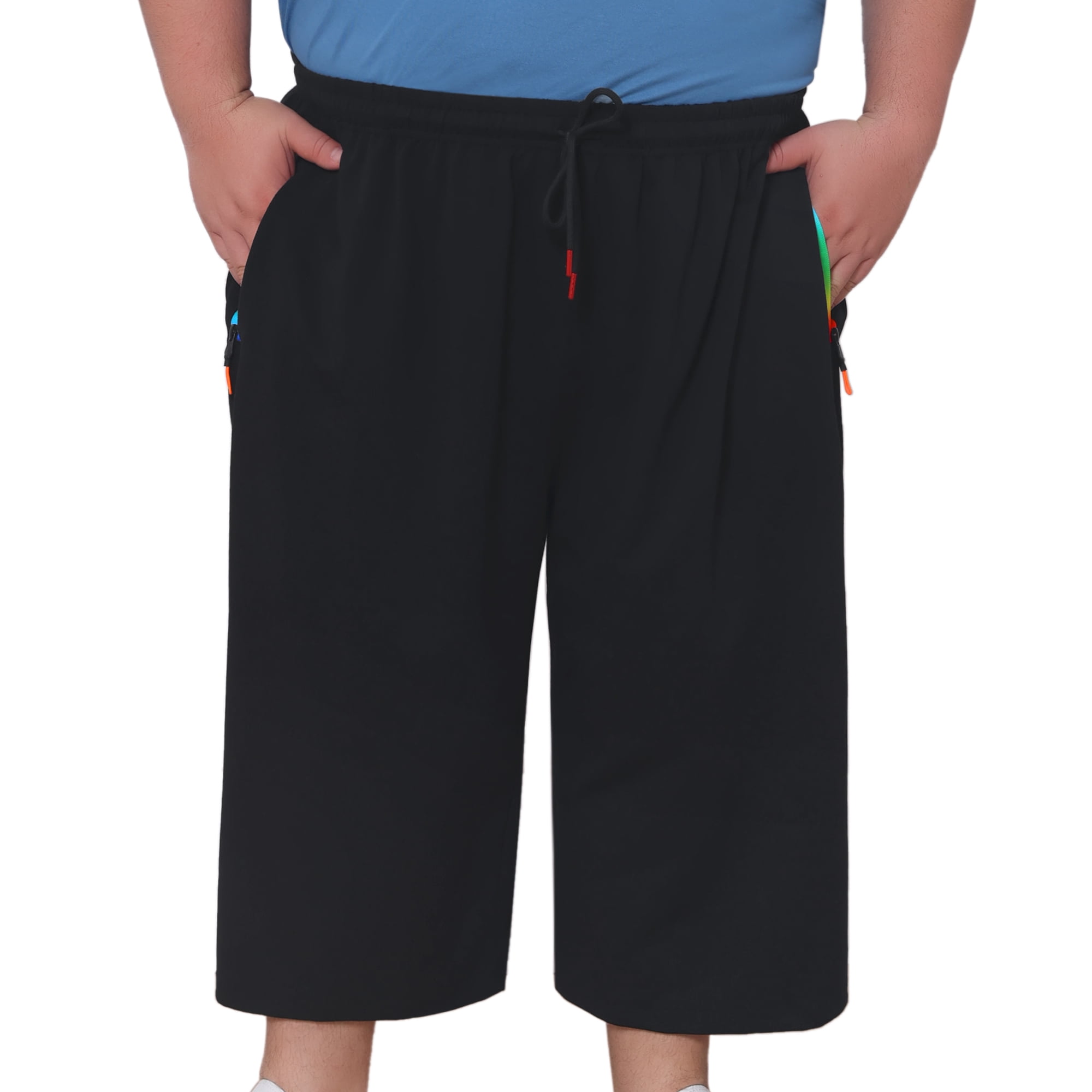 DARING DIVA Men's Zipper Pockets Stretch Drawstring Sport Big Tall Capri Pants 3XL Black