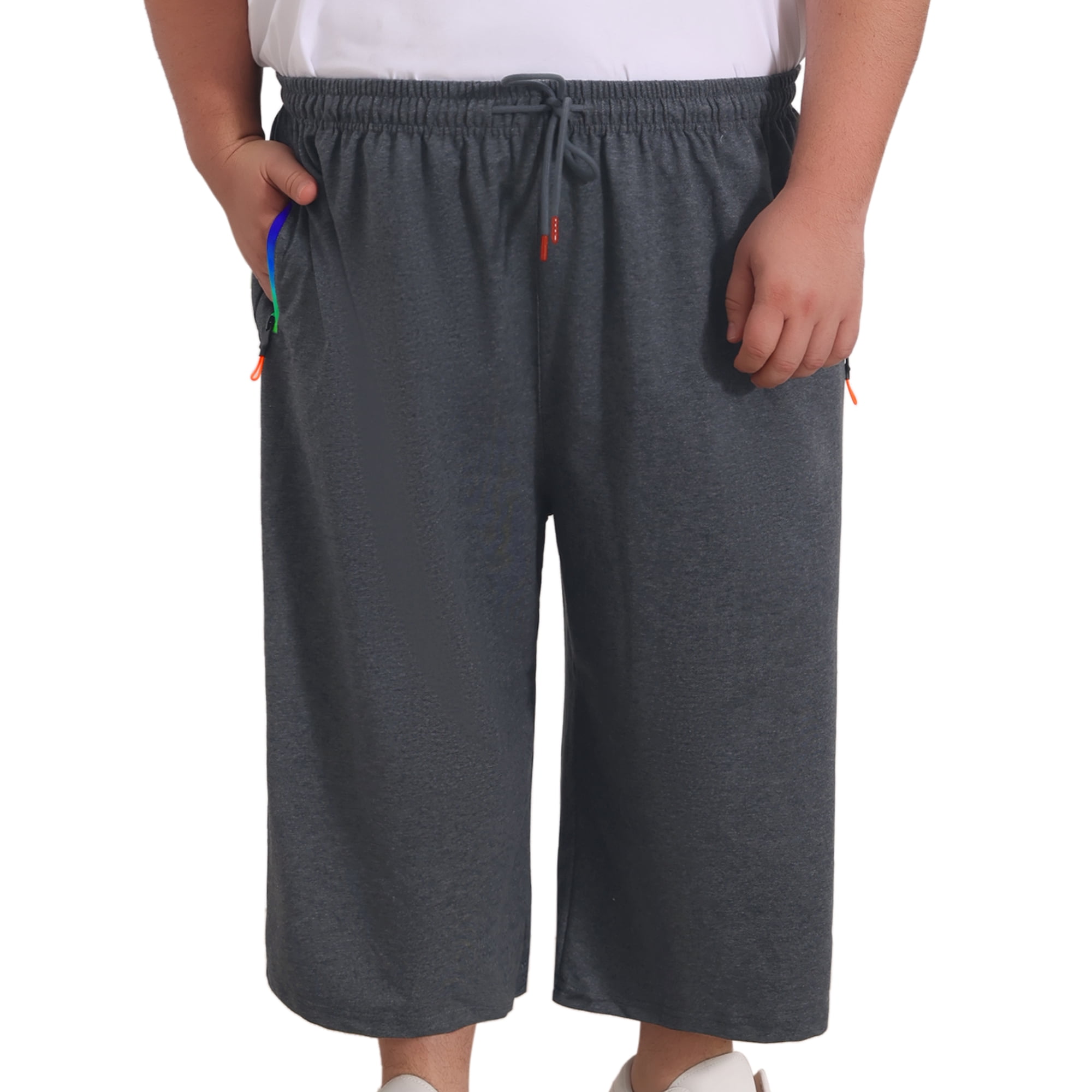DARING DIVA Men's Zipper Pockets Stretch Drawstring Sport Big Tall Capri Pants 4XL Gray