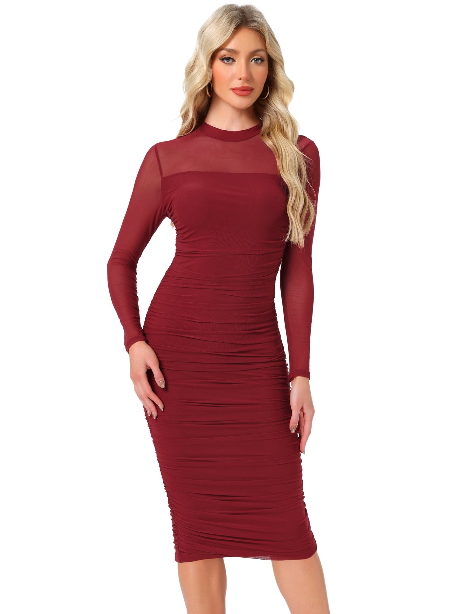 DARING DIVA Mesh Ruch Elegant Cocktail Bodycon Dress S Dark Red