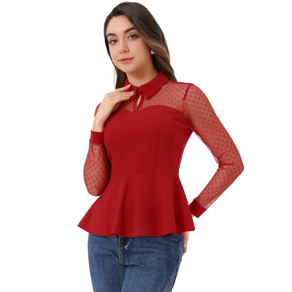 DARING DIVA Mesh Sheer Keyhole Peplum Top L Red