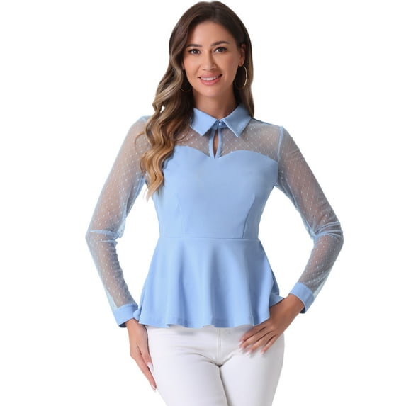 DARING DIVA Mesh Sheer Keyhole Peplum Top M Light Blue