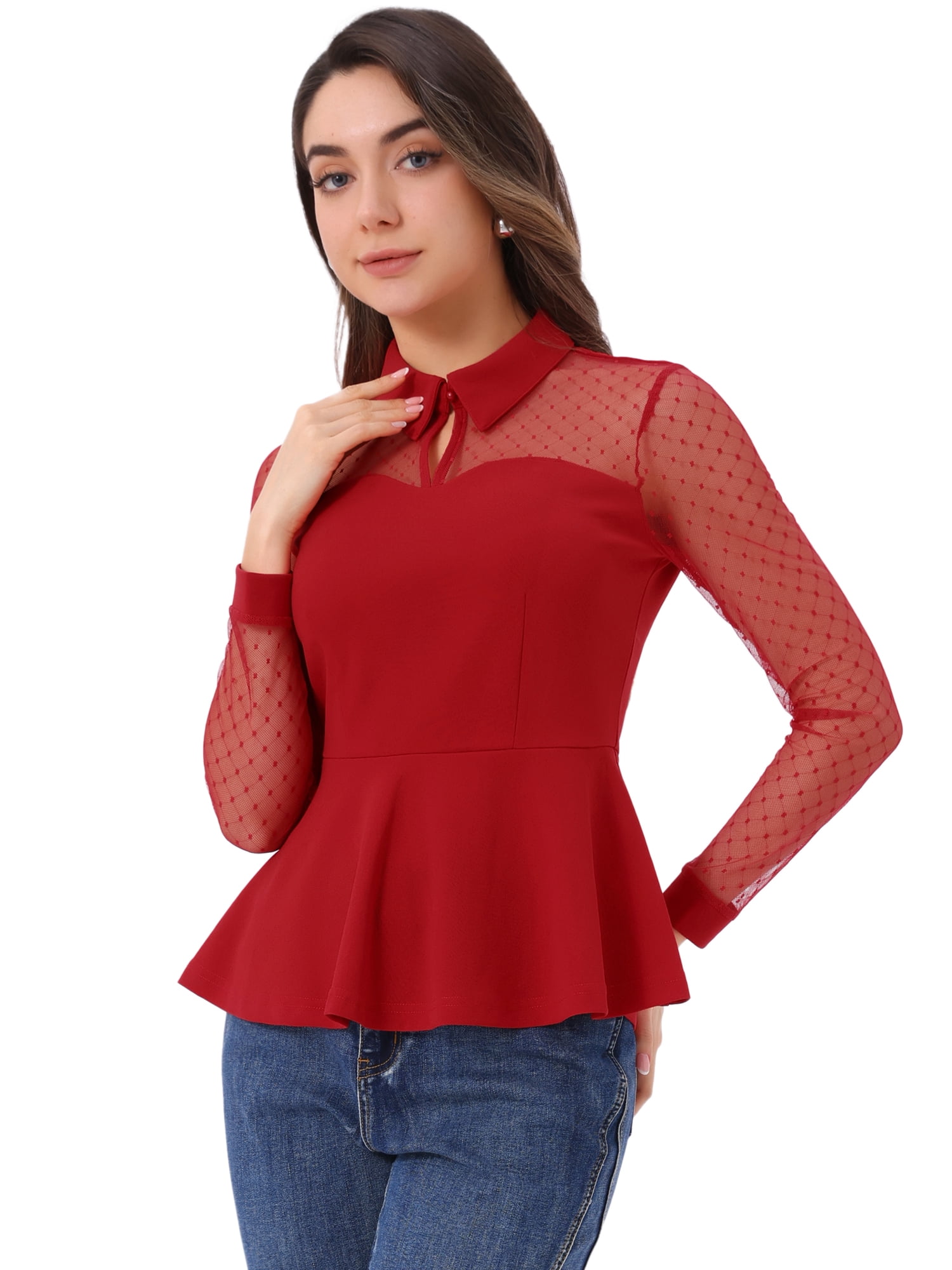 DARING DIVA Mesh Sheer Keyhole Peplum Top S Red