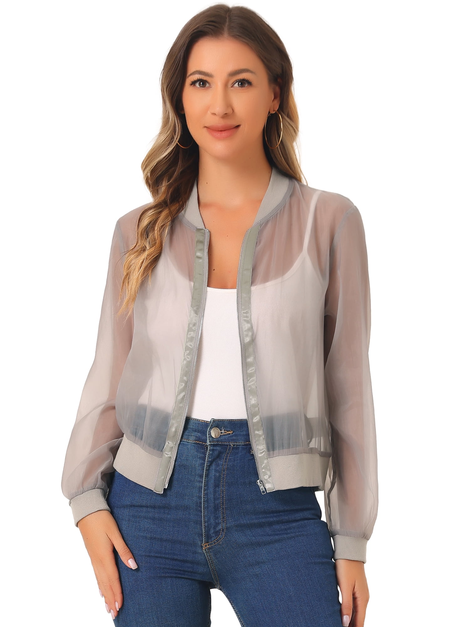 DARING DIVA Mesh Sheer See Through Long Sleeve Zip Up Bomber Jacket S Gray