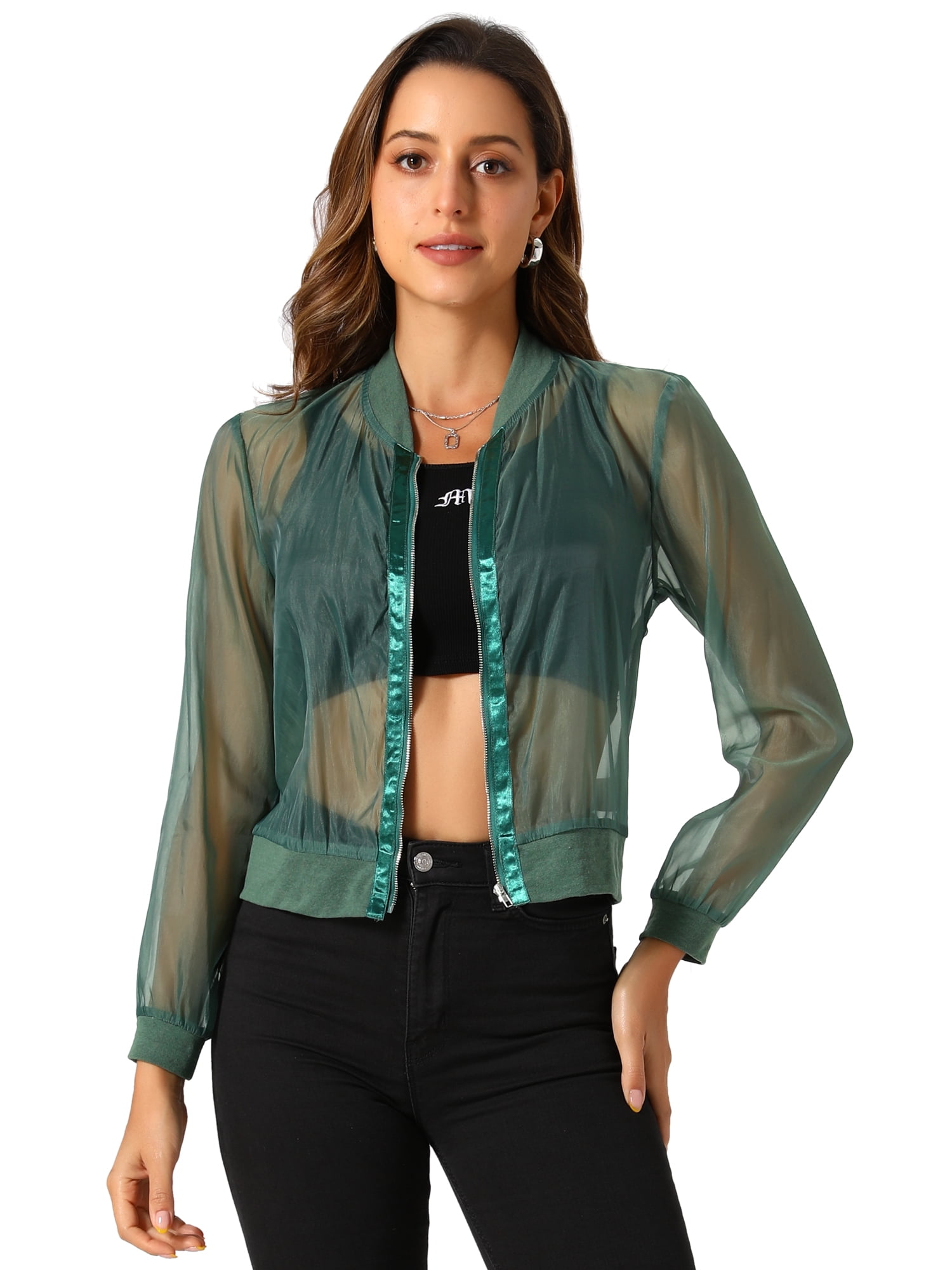 DARING DIVA Mesh Sheer See Through Long Sleeve Zip Up Bomber Jacket S Green