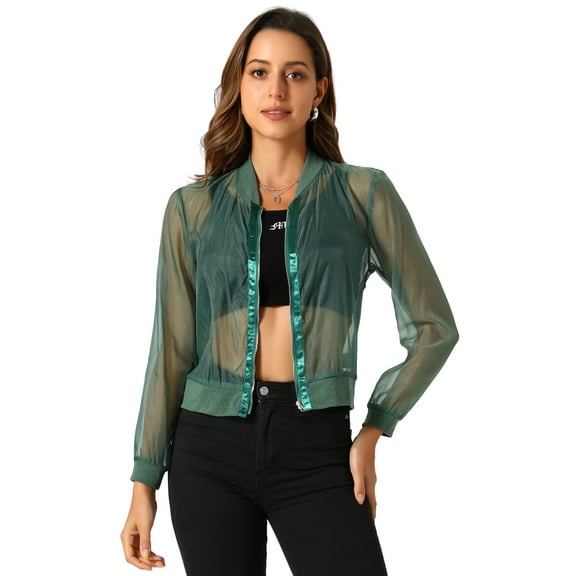 DARING DIVA Mesh Sheer See Through Long Sleeve Zip Up Bomber Jacket S Green