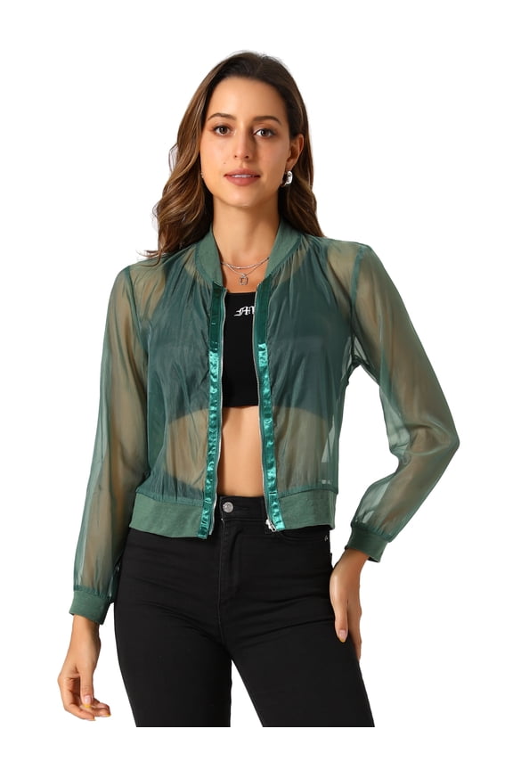 Mesh Sheer See Through Long Sleeve Zip Up Bomber Jacket S Green