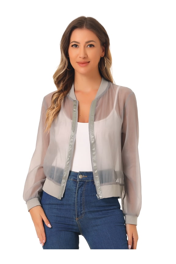 Mesh Sheer See Through Long Sleeve Zip Up Bomber Jacket XL Gray