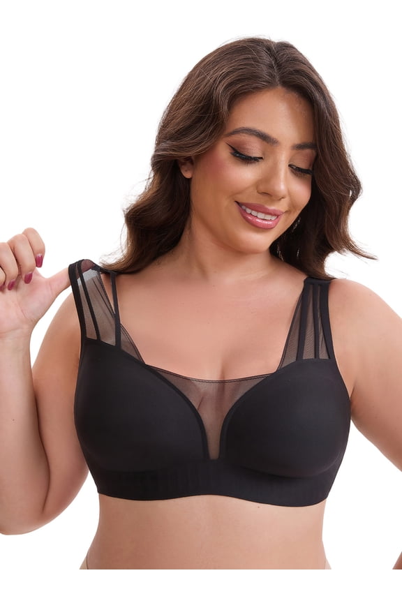Mesh Wireless Push Up Wide Straps V-Neck Lightweight Bra L Black