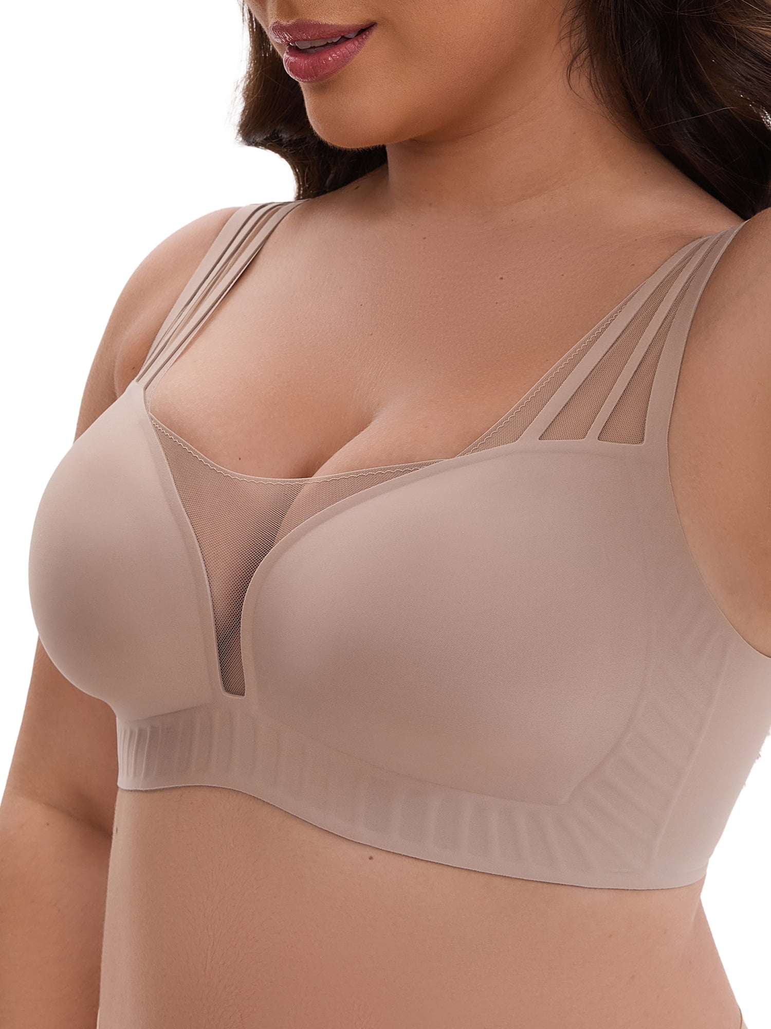 DARING DIVA Mesh Wireless Push Up Wide Straps V-Neck Lightweight Bra L Light Brown