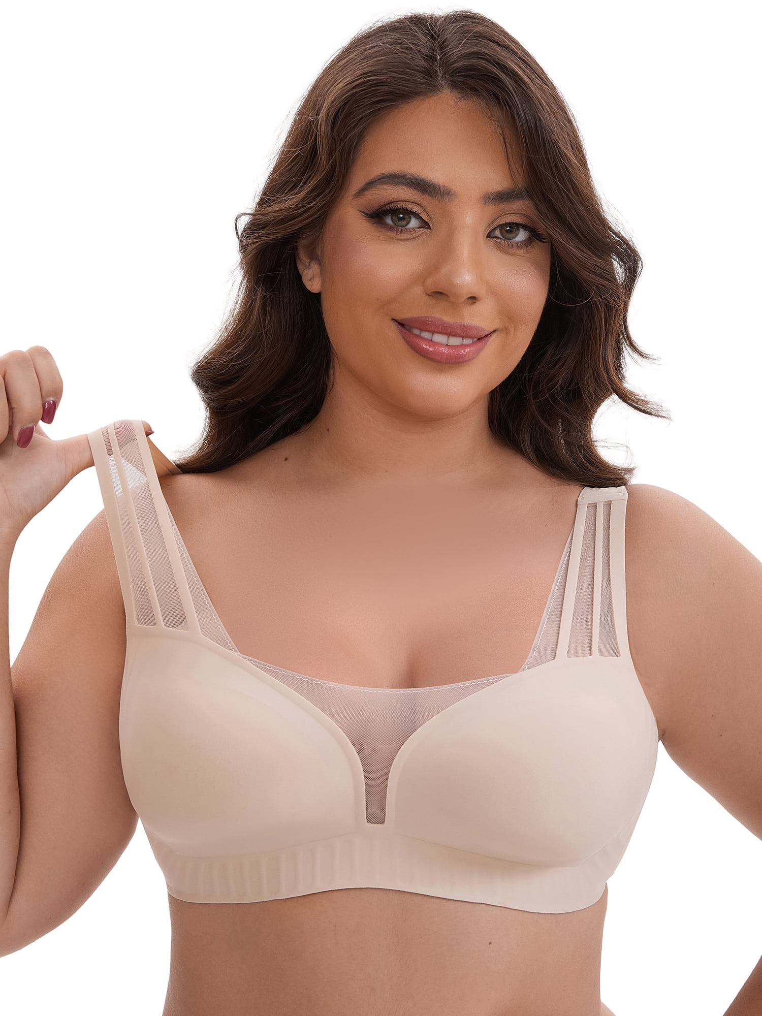 DARING DIVA Mesh Wireless Push Up Wide Straps V-Neck Lightweight Bra M Beige