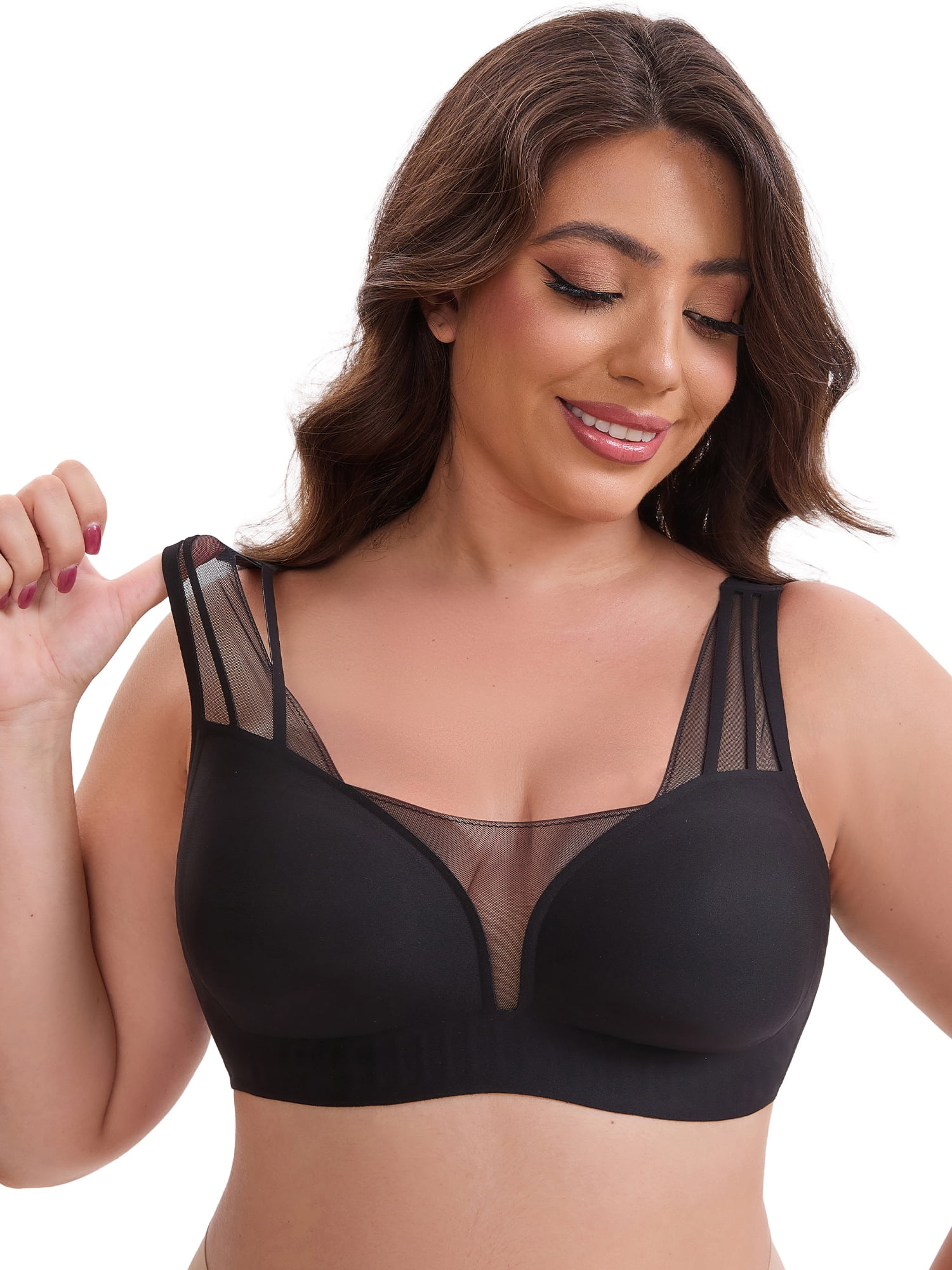 DARING DIVA Mesh Wireless Push Up Wide Straps V-Neck Lightweight Bra M Black